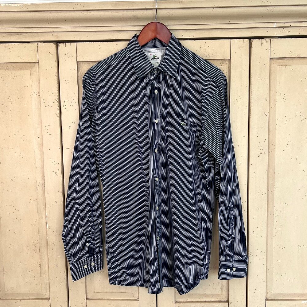 Lacoste Vintage Navy Pinstripe Dress Shirt, Crocodile Logo, Size 40 (US Large)